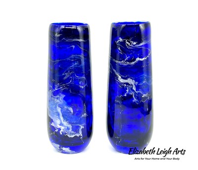 Blue and Silver Resin Art Stemless  Champagne Glass Set of Two Customize 9.5 Ounce - image1